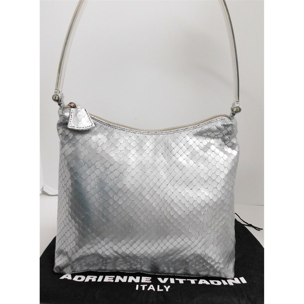 New Adrienne Vittadini Ivory Silver Snake Embossed Leather‎ Acrylic Handle Bag